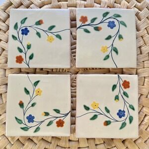 Floral Decorative colorful hand painted mexican clay tiles corner Vtg terracotta